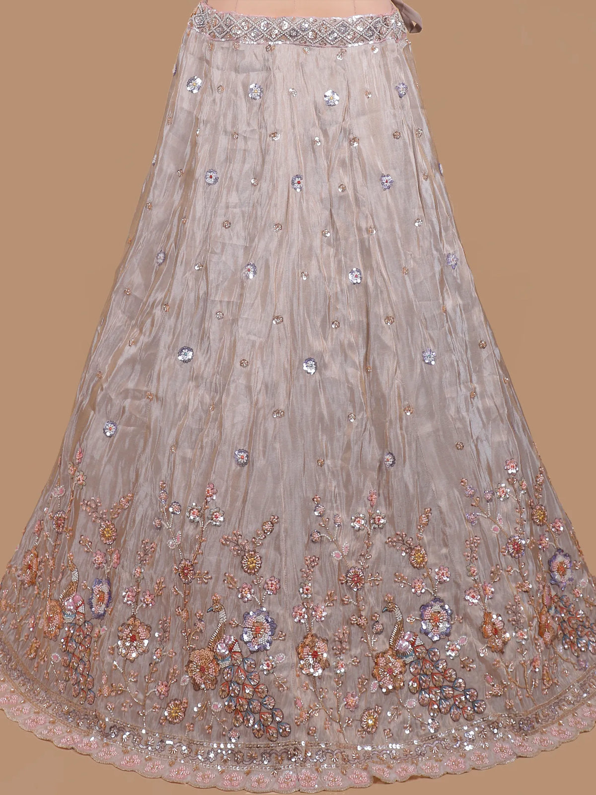 Beige Designer Lehenga Featuring Pastel Garden and Bird Motifs