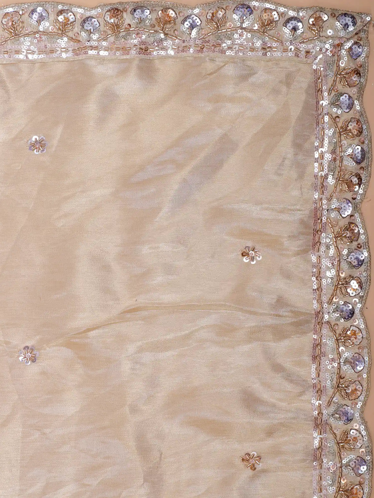 Champagne Gold Shimmer Organza Lehenga Featuring Colorful Bird Motifs