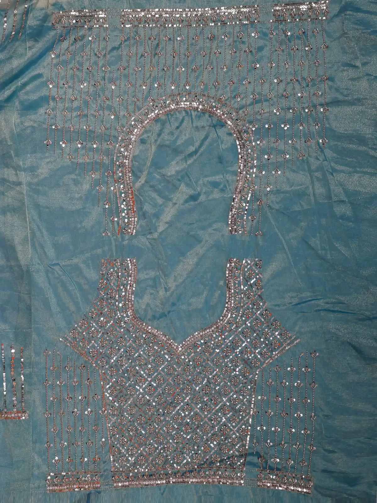 Glamorous Peacock Blue Shimmer Organza Unstitched Lehenga with Sequin Work