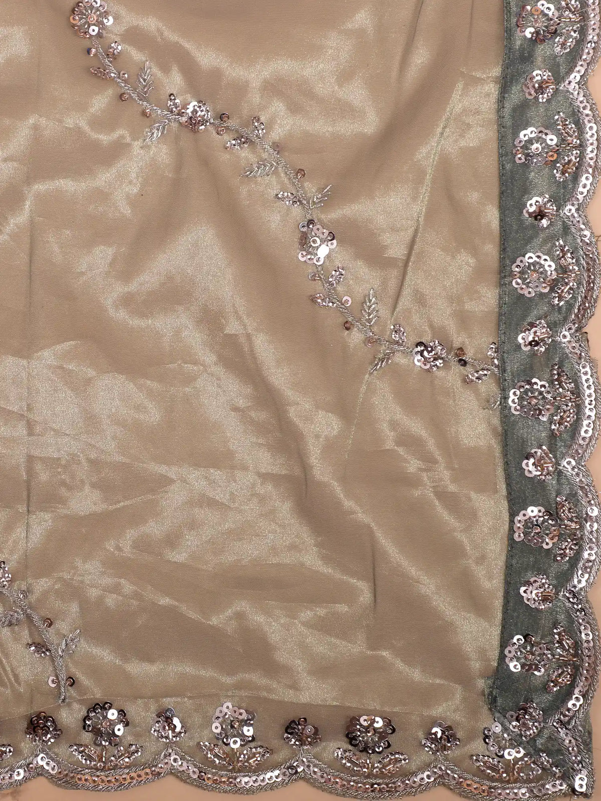 Dazzling Metallic Green Unstitched Lehenga with Floral Vine Embroidery