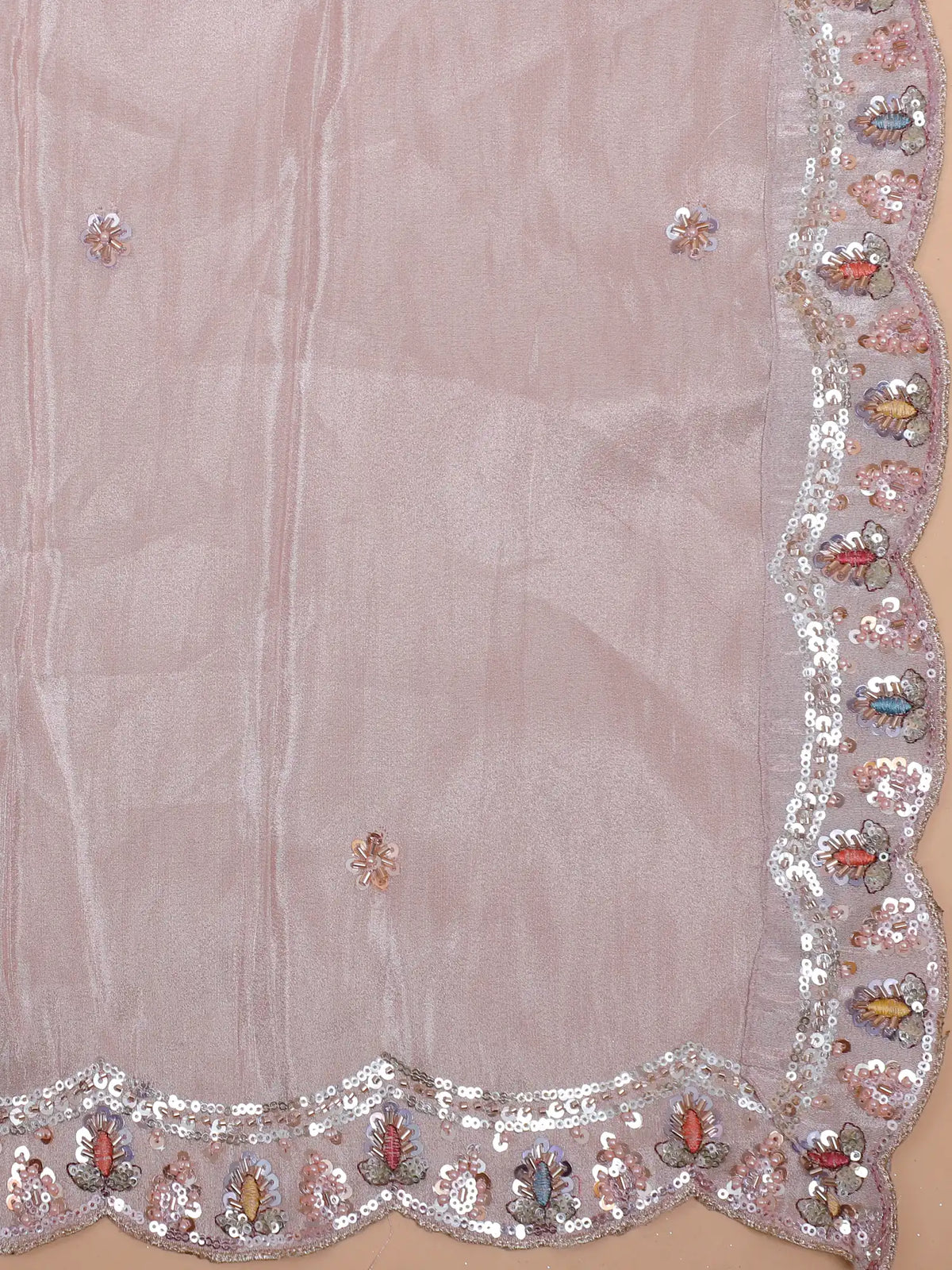 Pastel Pink Shimmer Organza Lehenga Showcasing Peacock Artistry