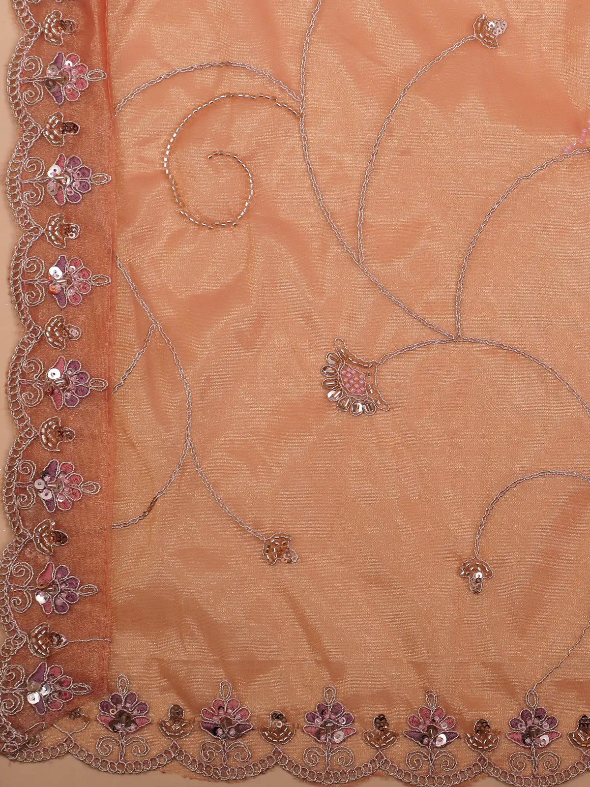 Peach Shimmer Organza Lehenga with Ornate Silver Thread Patterns