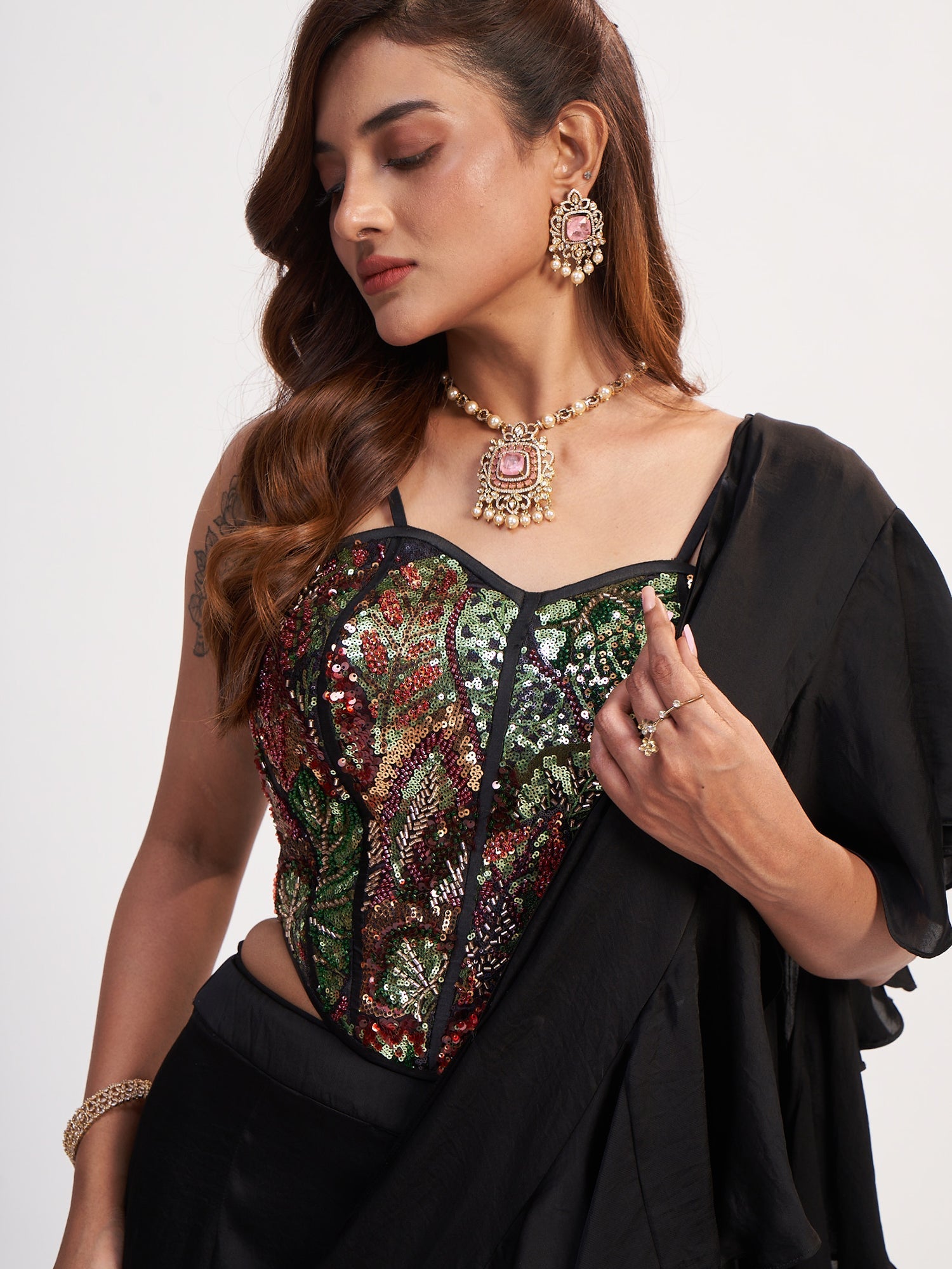 Black Multi Indo-Western Pure Chinon Dress