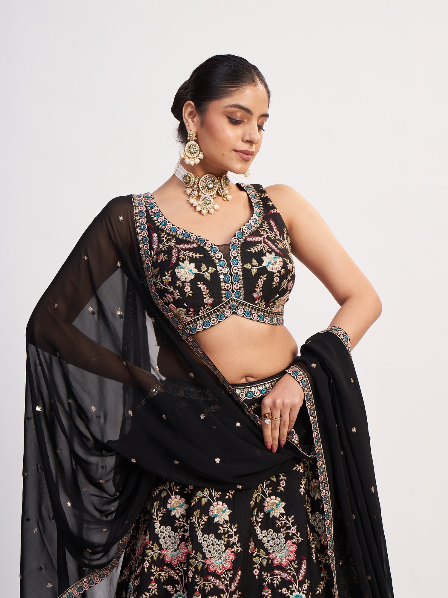 Black Georgette Heavy Crop Top with embroiderry