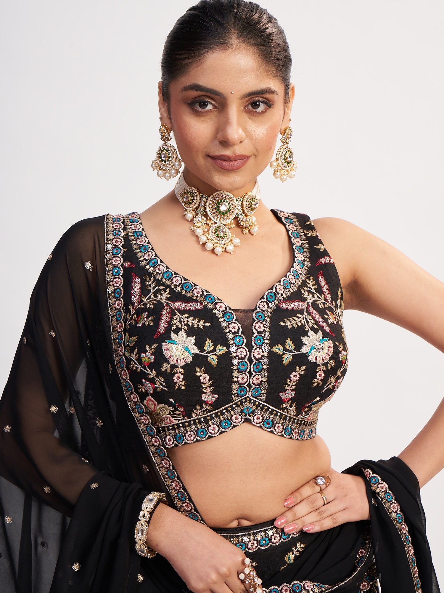 Black Georgette Heavy Crop Top with embroiderry