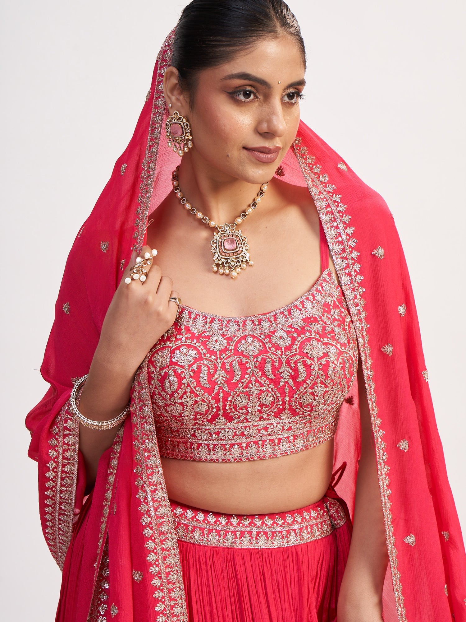 Pink Pure Chinon Lehenga with Thread Embroidery