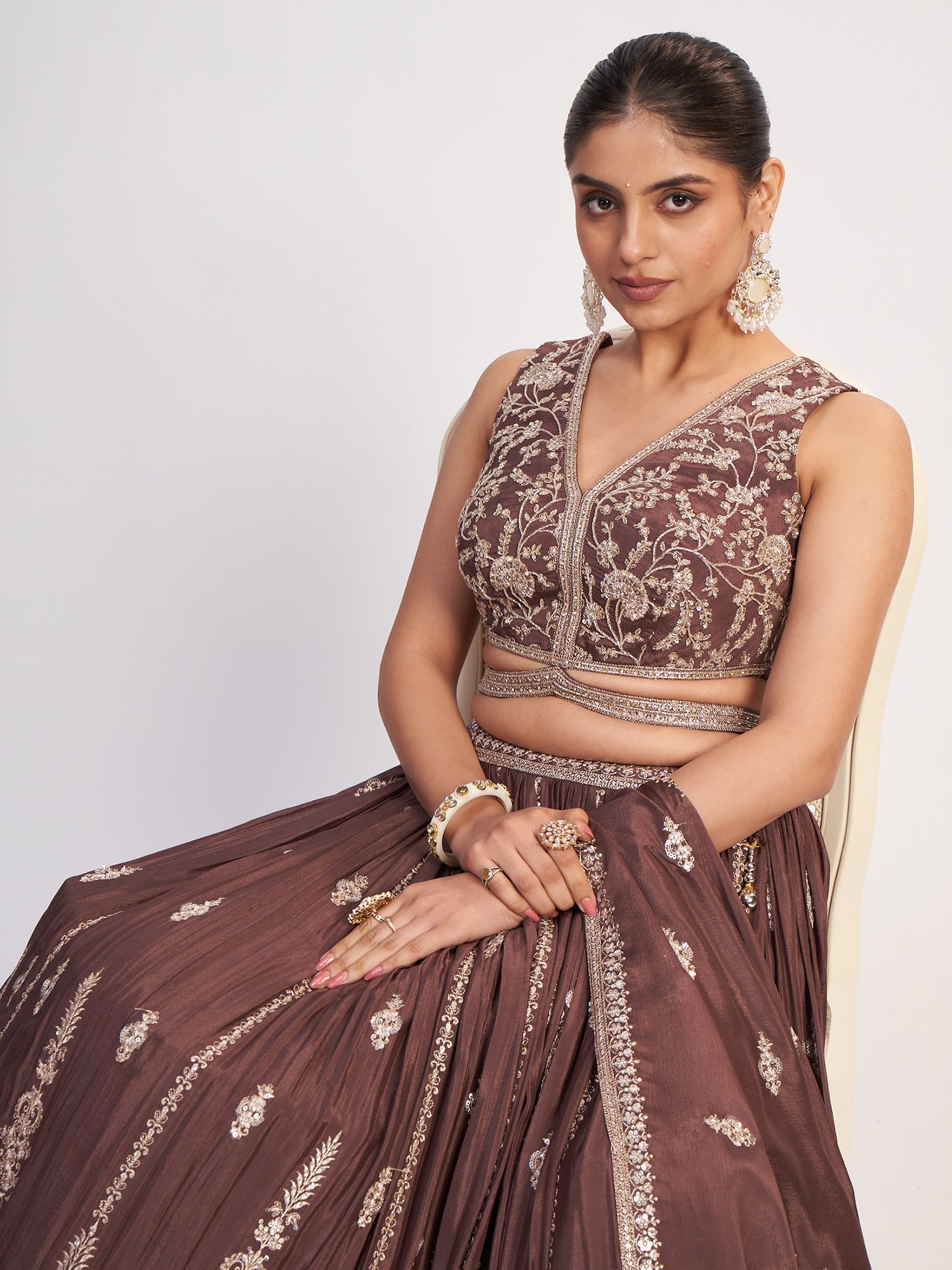 Brown Georgette Lehenga with Thread