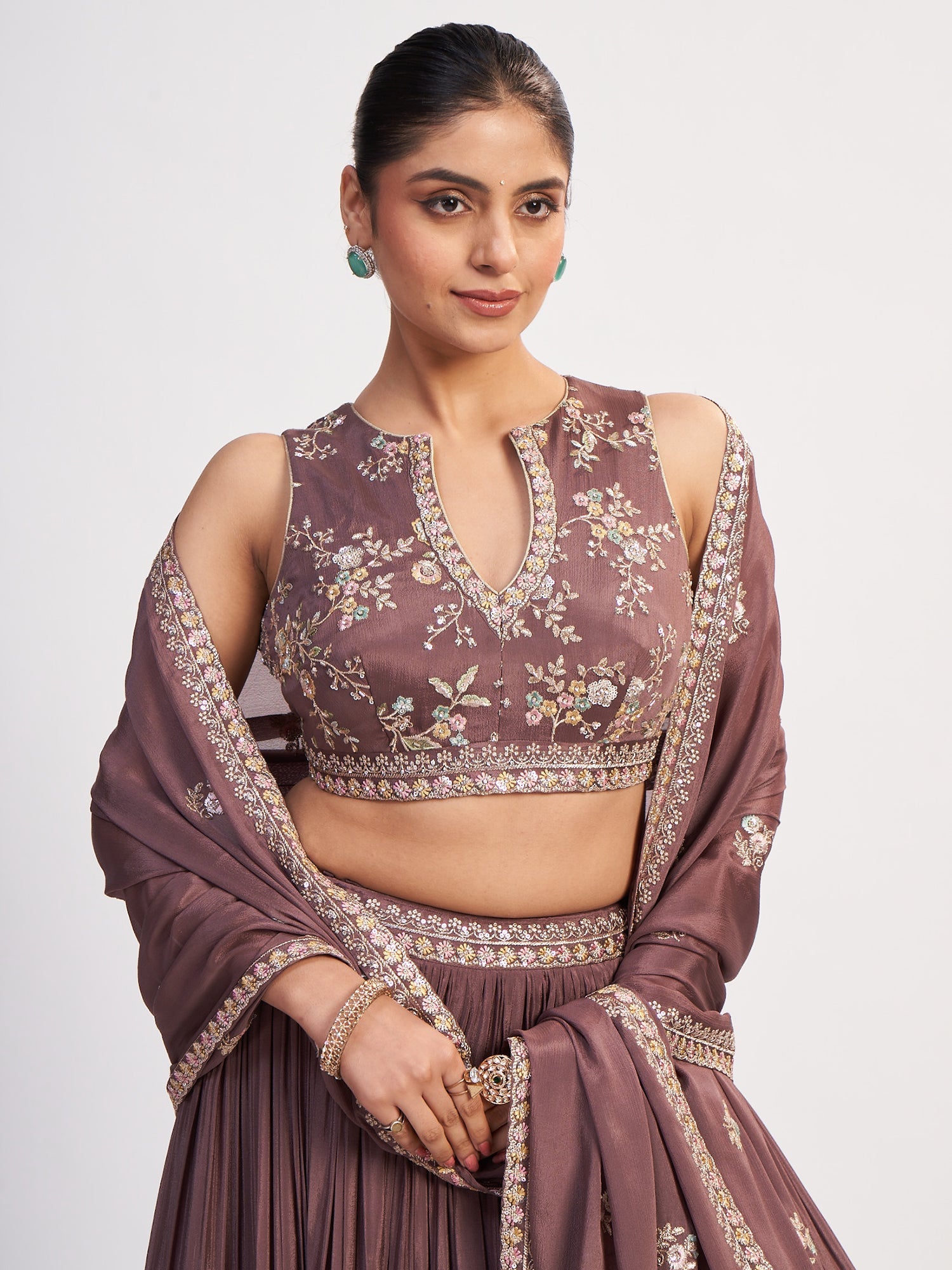 Brown Pure Chinon Crop Top with Multi-Thread