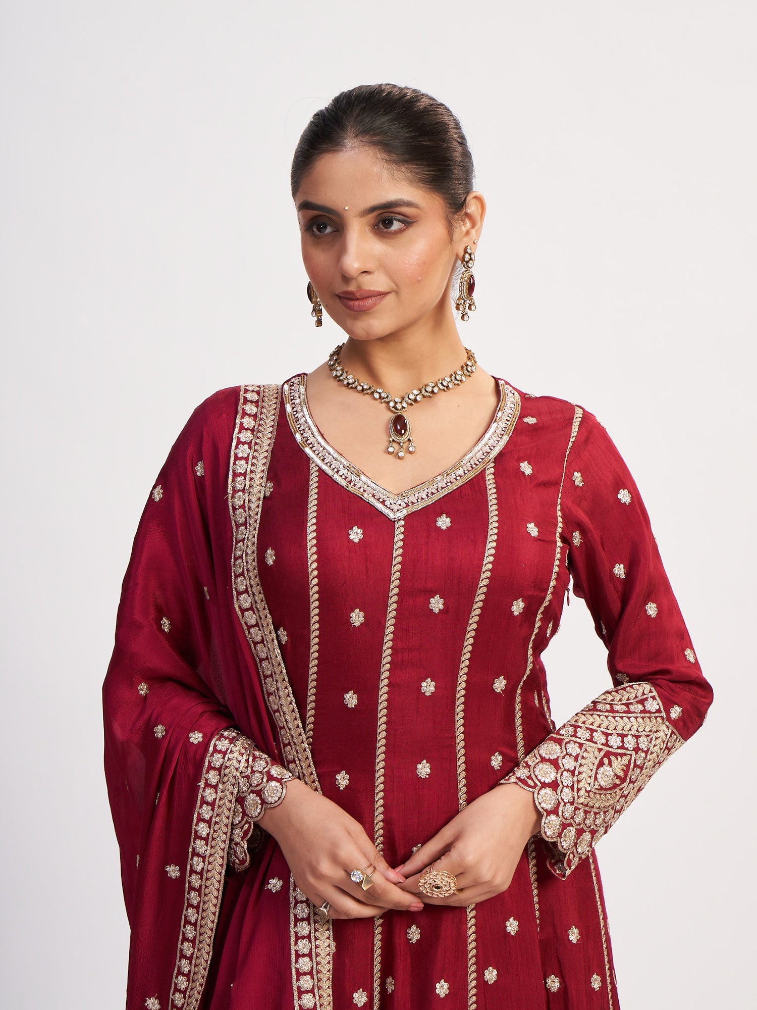 Maroon Pure Satin Suit with Thread Embroidery