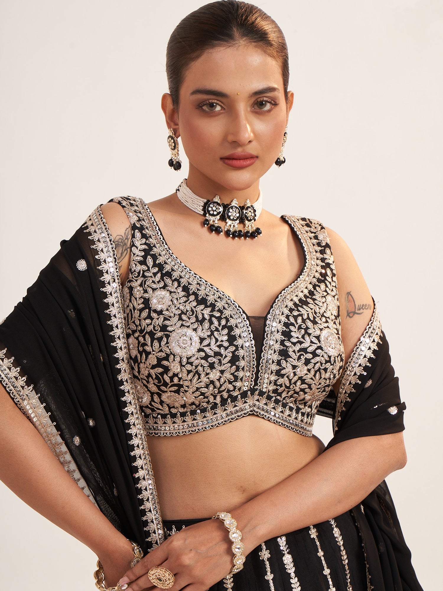 Black Georgette Crop Top with Black &amp; Gold Thread