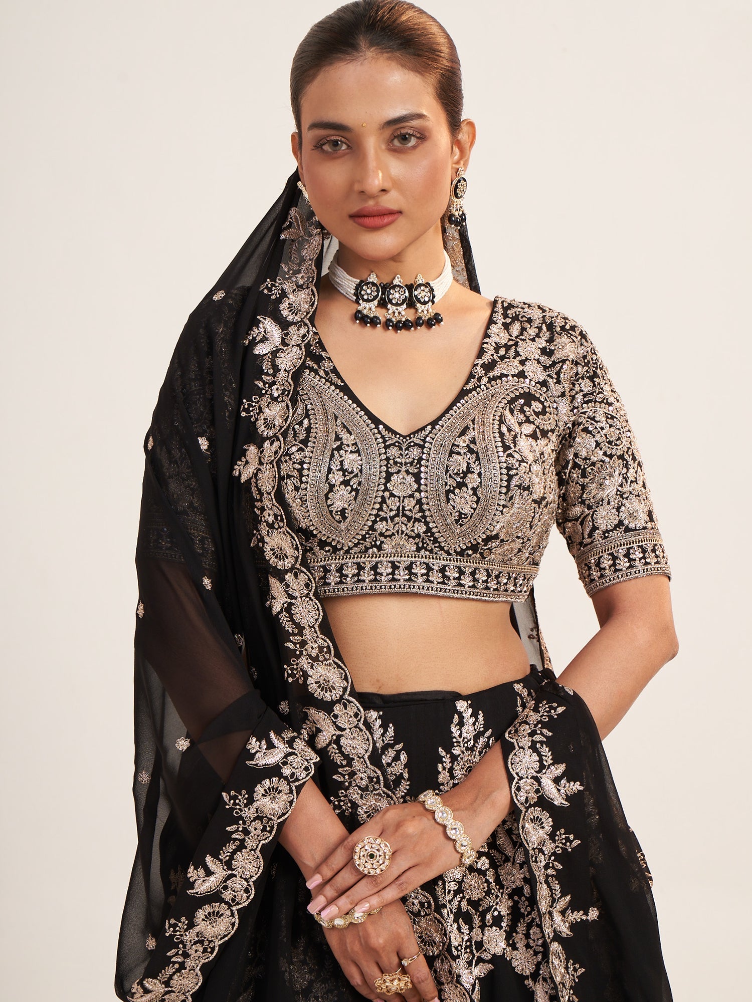 Black Gold Georgette Crop Top with Thread