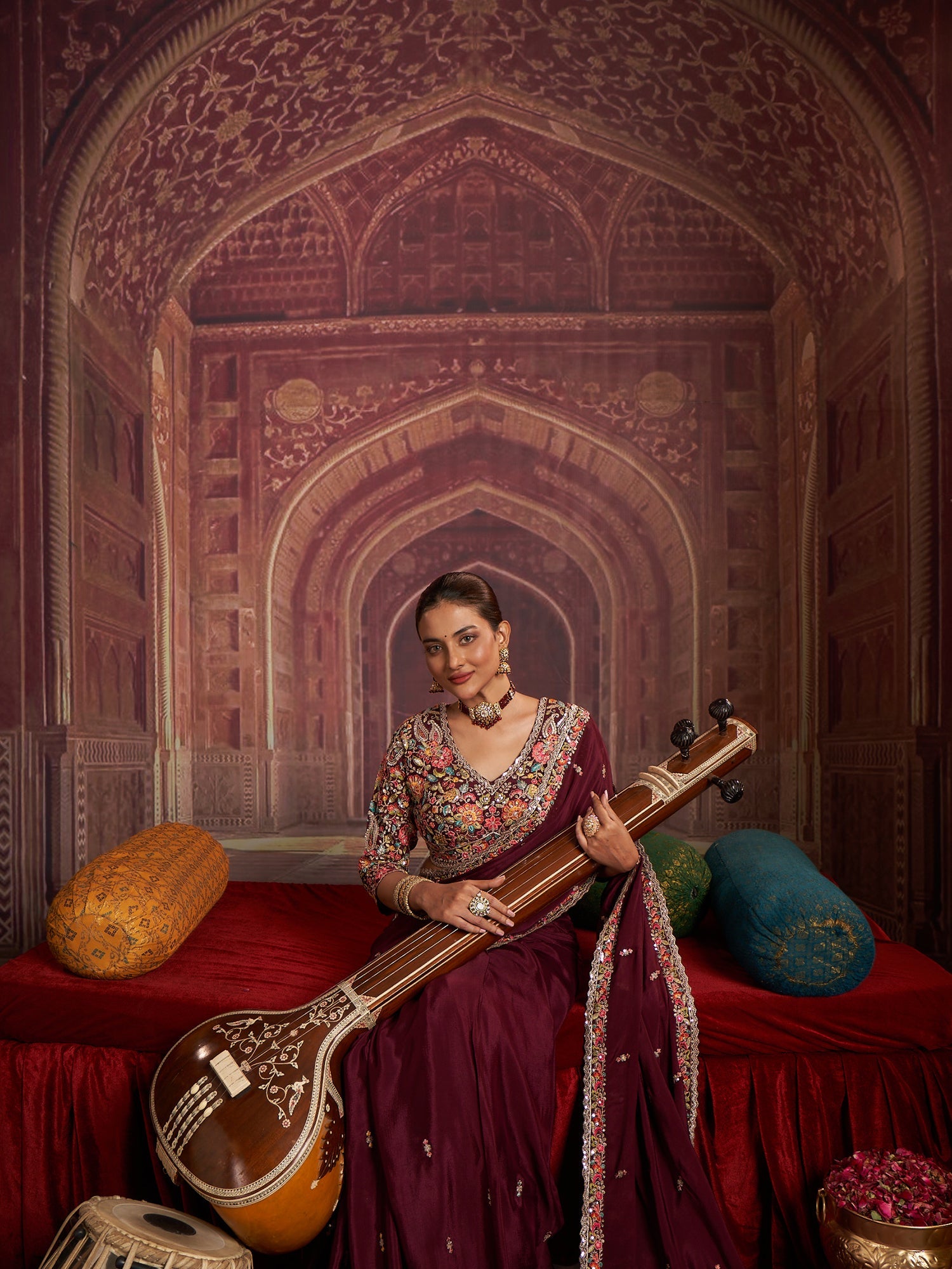 Handcrafted Multi-Thread &amp; Sequin Chinon Saree