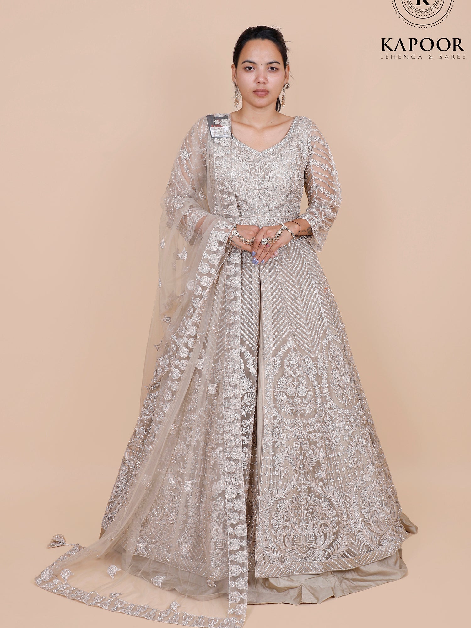 Beige Net Gown with Exquisite Jarkan