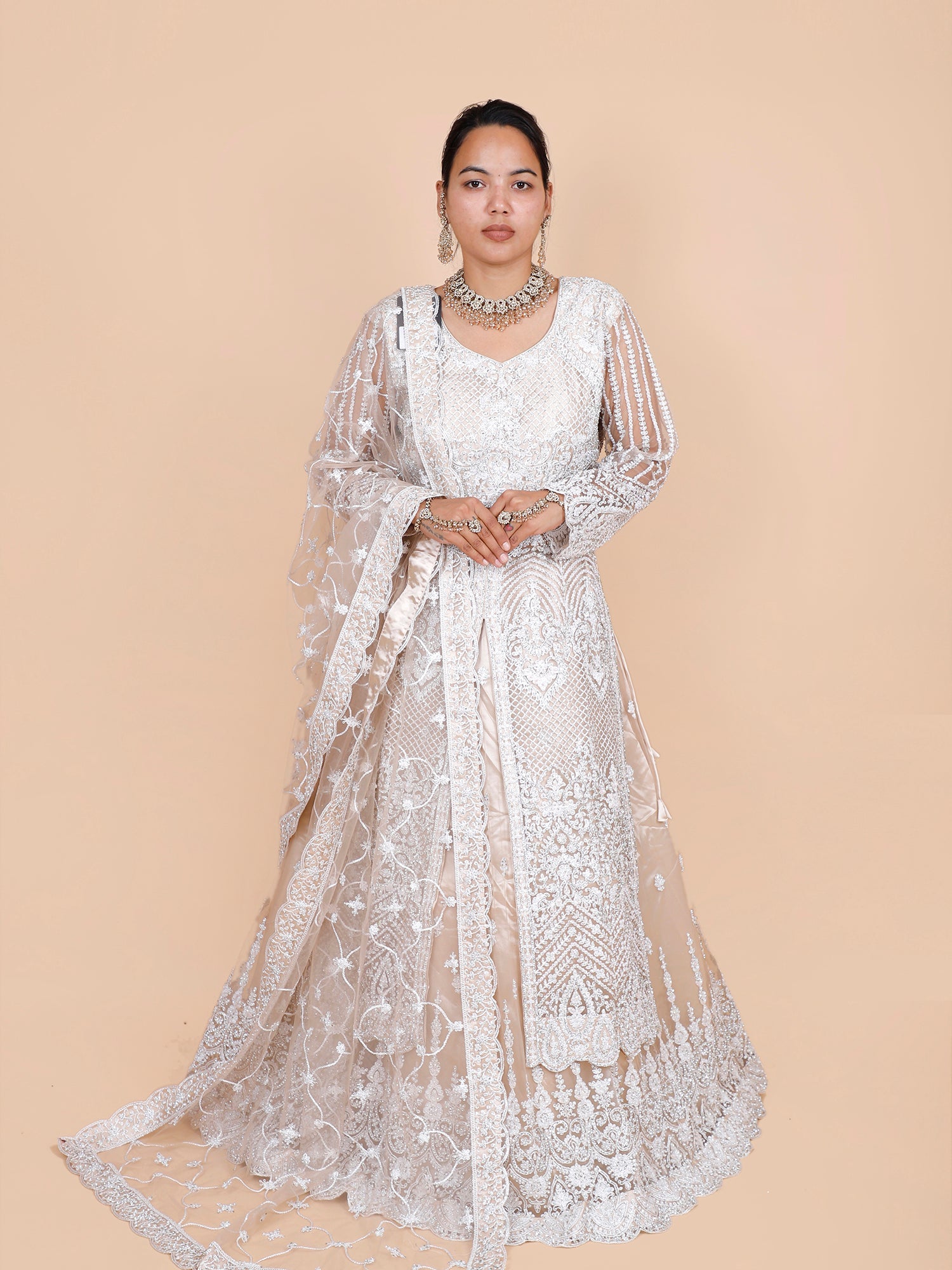 Off-White Net Gown with Heavy Thread