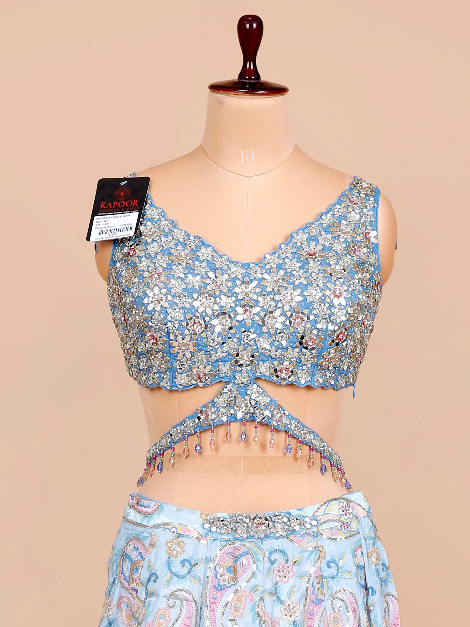 Sky Blue Indo-Western Lehenga with Beads &amp; Mirror Accents