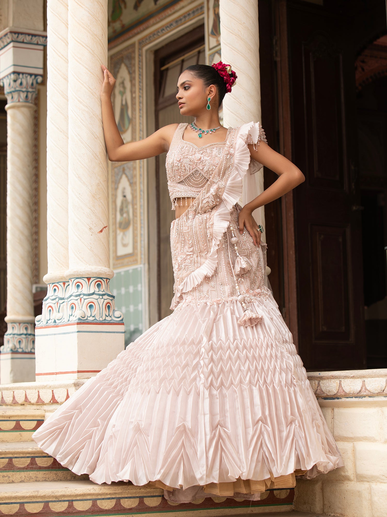 Kappr Fish Jimmy Choo Beige Fish-Cut Lehenga With Beads