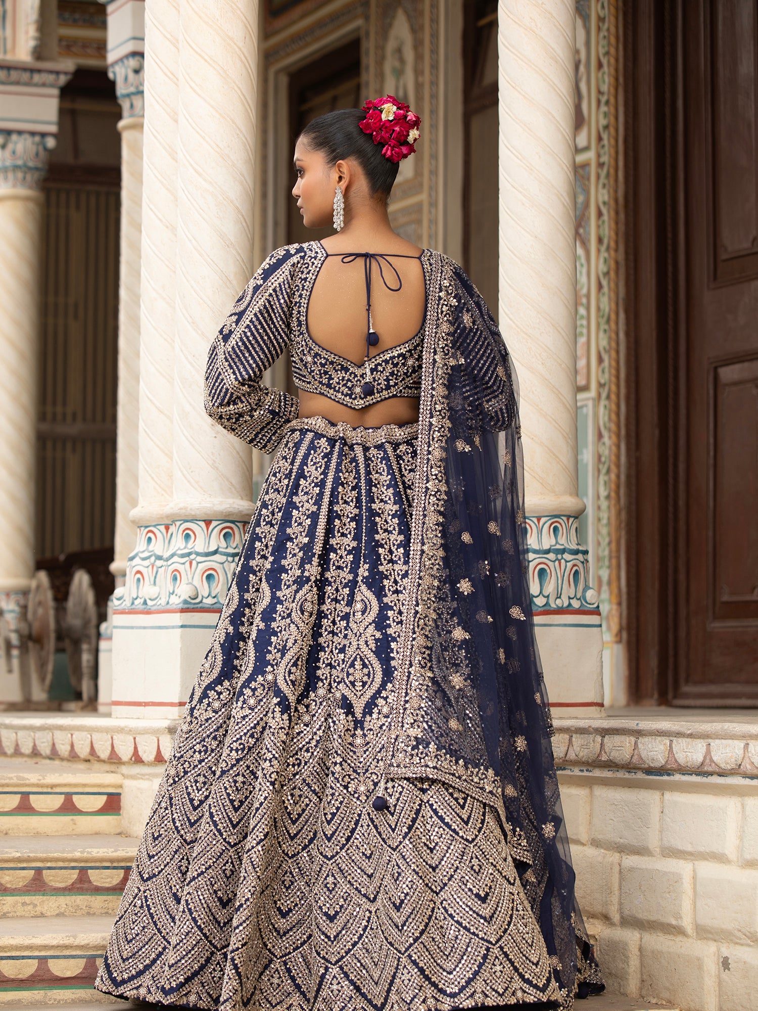 Navy Blue Silk Lehenga With Bead Work