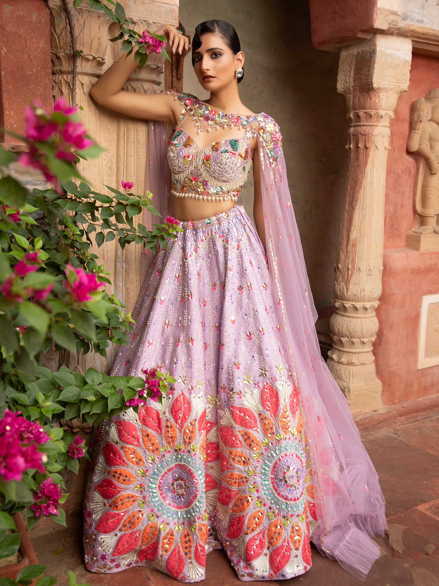 Light Lavender Silk Lehenga With Appliqué