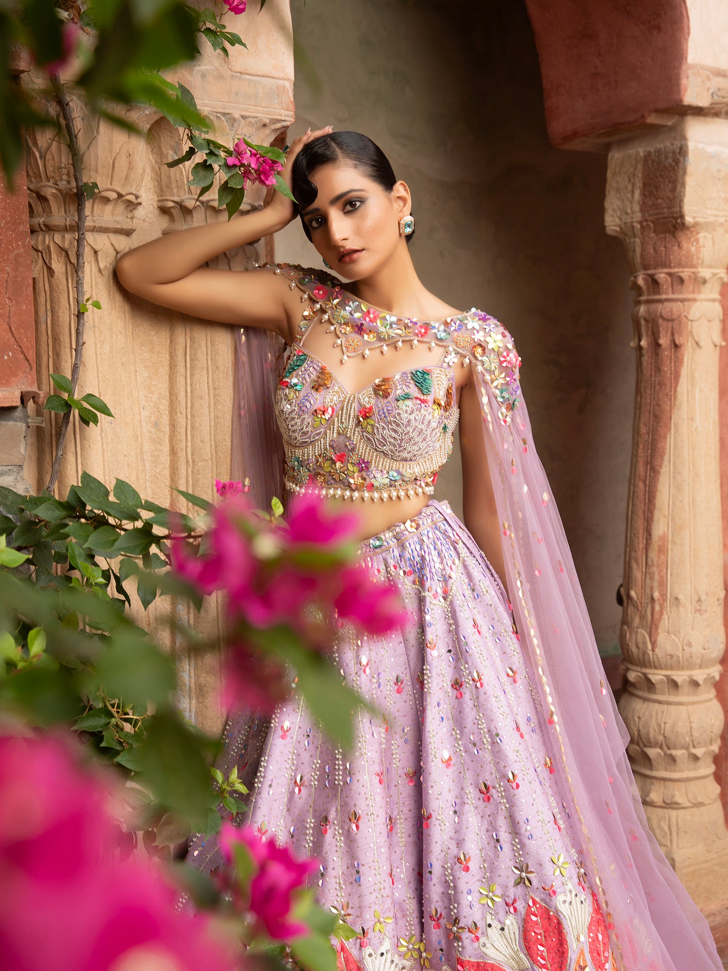 Light Lavender Silk Lehenga With Appliqué