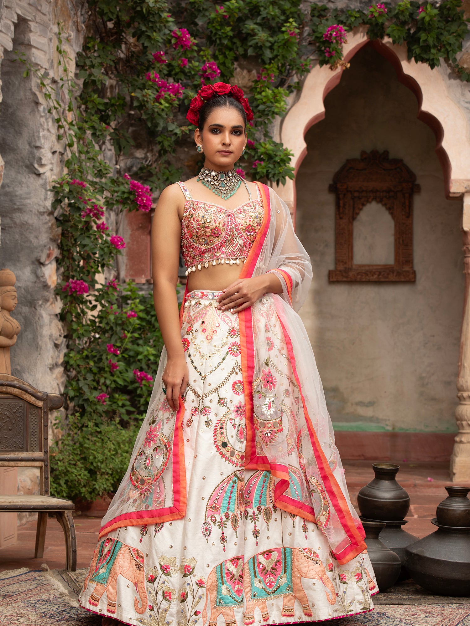 Silk Lehenga With Applique, Sequins &amp; Beads Work