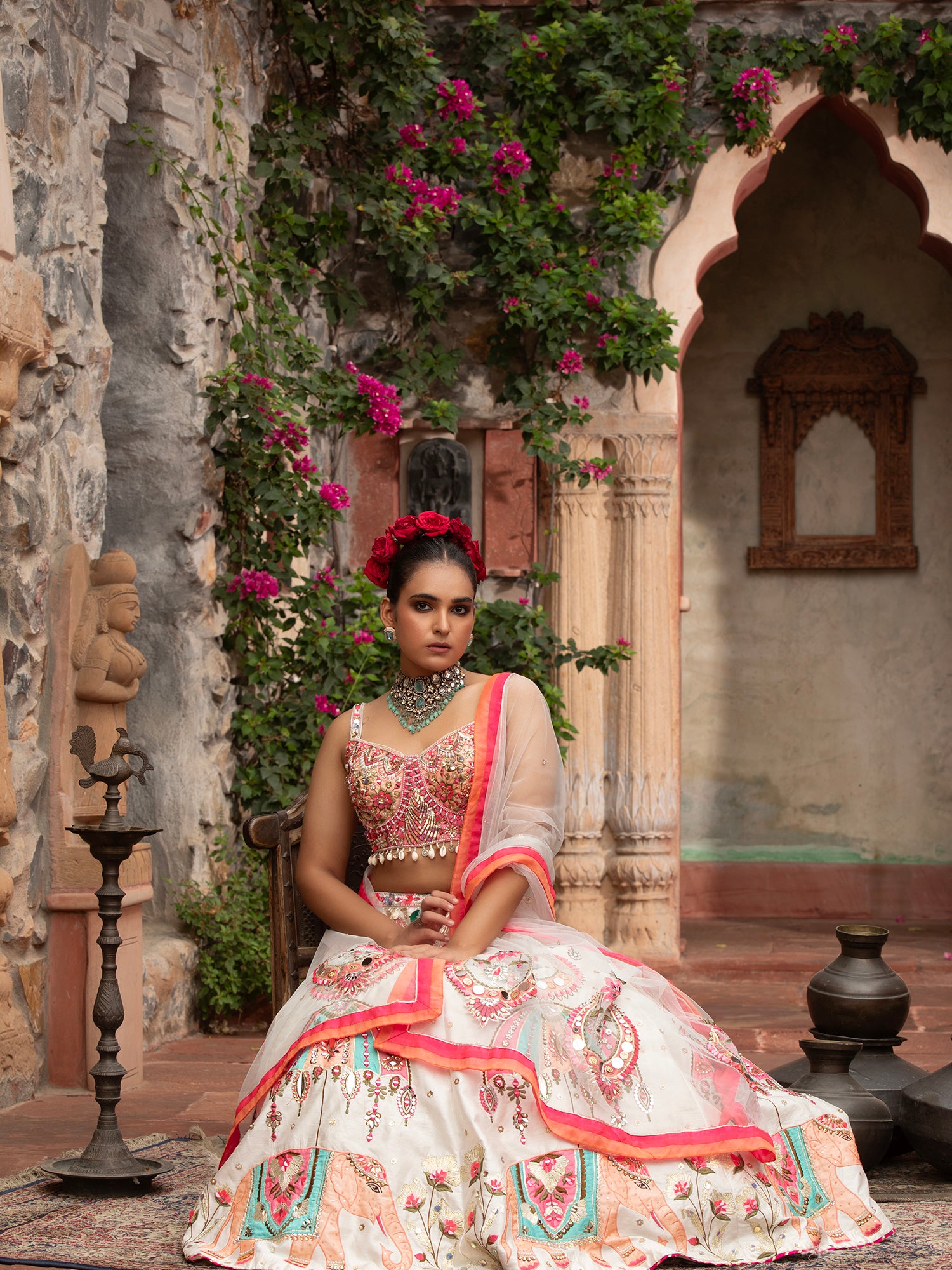 Silk Lehenga With Applique, Sequins &amp; Beads Work