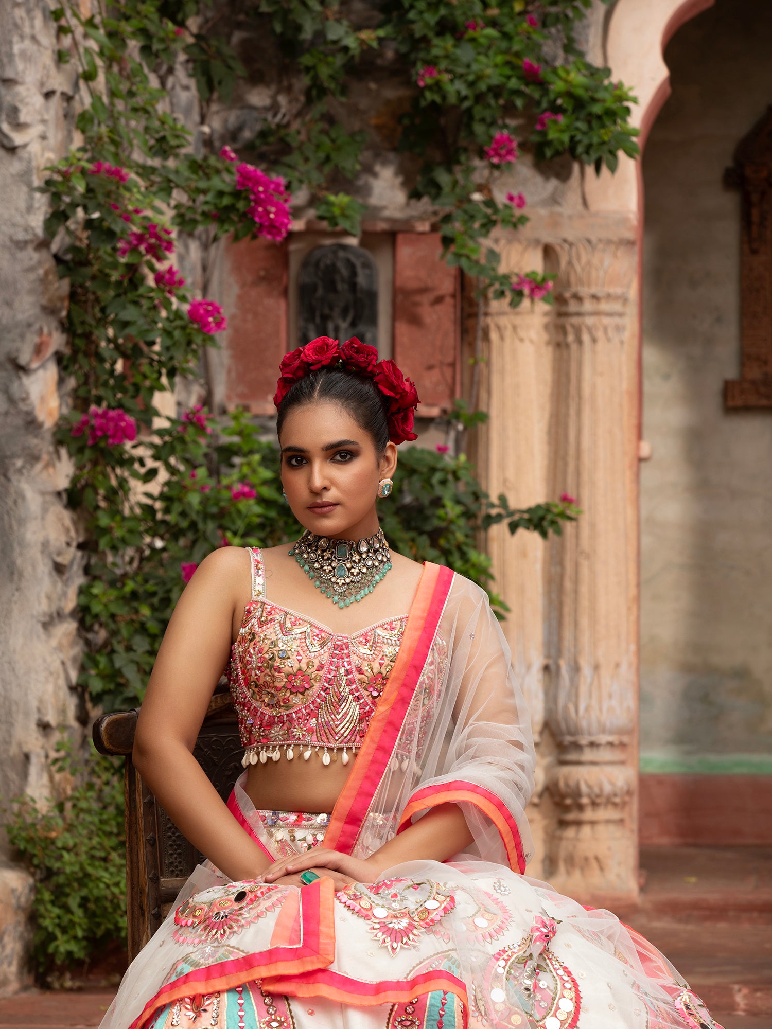 Silk Lehenga With Applique, Sequins &amp; Beads Work