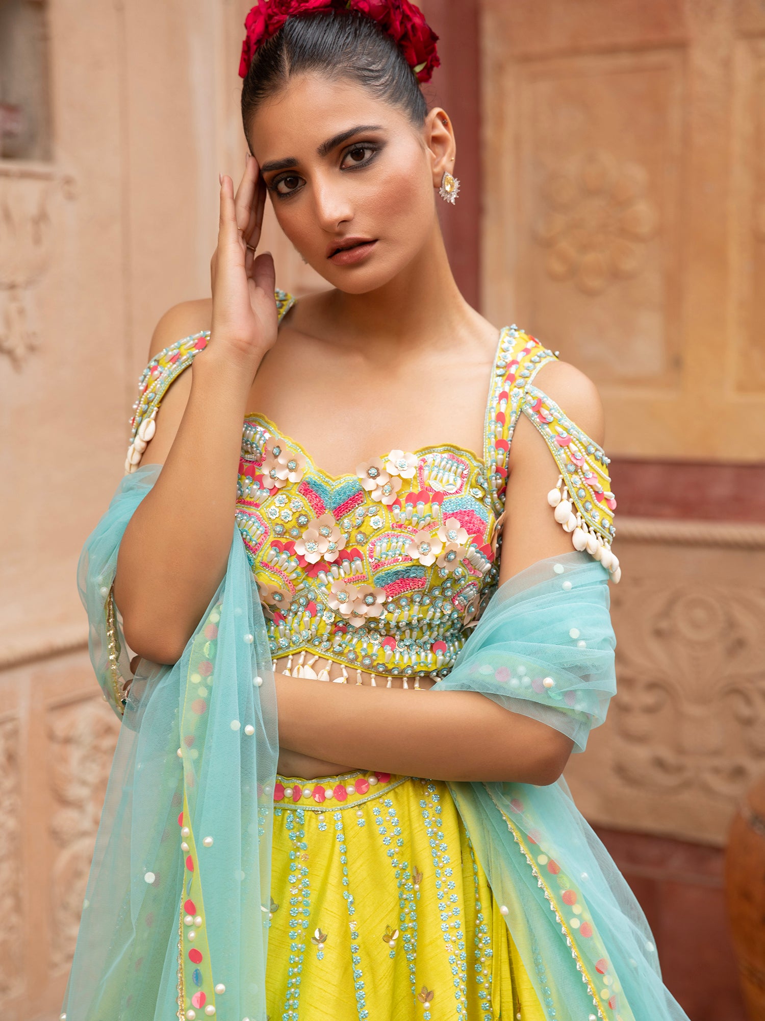 Yellow Silk Lehenga With Appliqué, Sequins Work