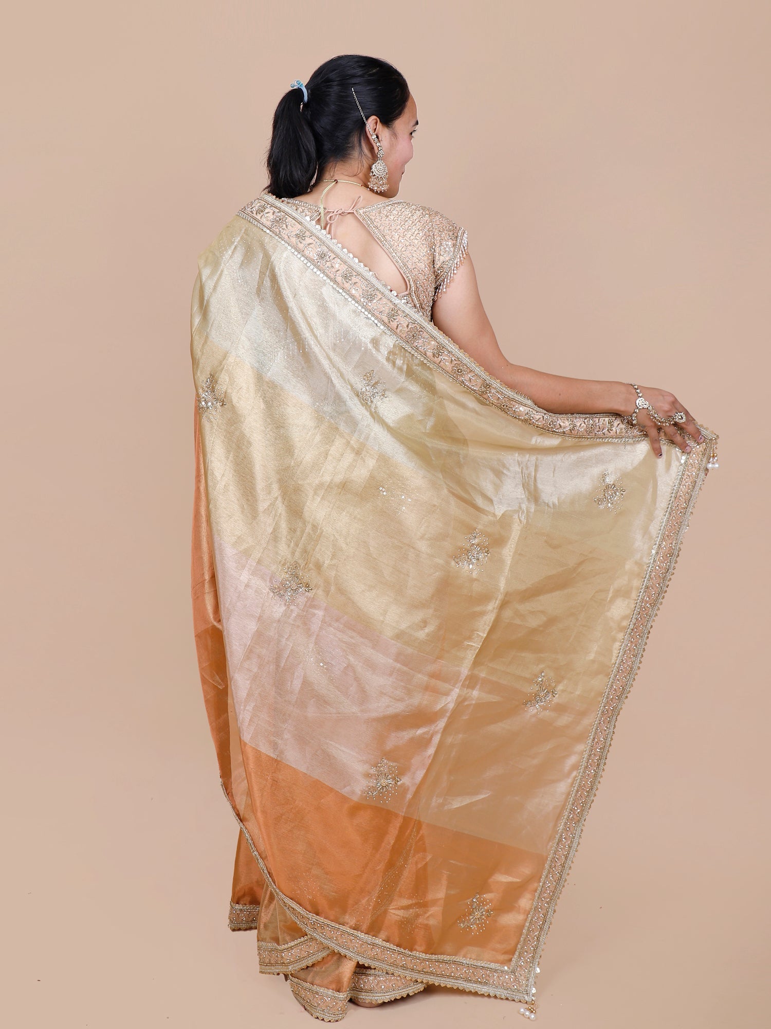 Golden Aura Saree with Elegant Zardosi &amp; Shimmer Touch