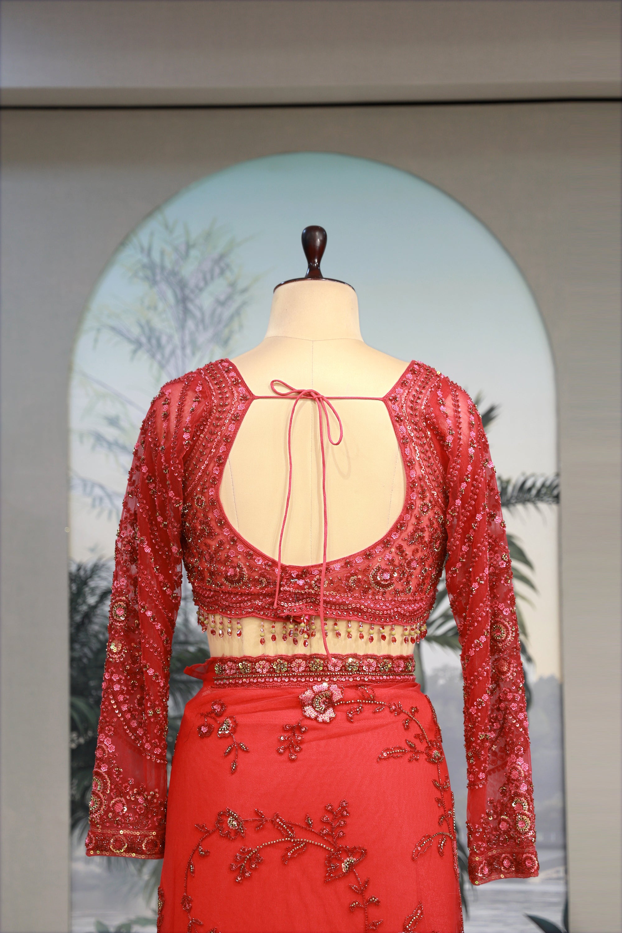 Cherry Red Net Saree with Multi-Thread Detailing