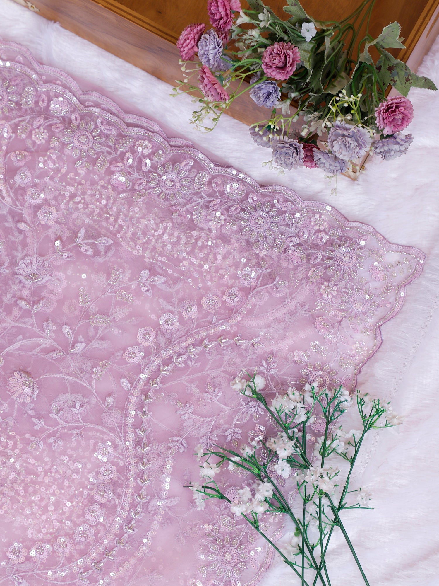 Lilac Bloom Net Saree With Sequin &amp; Jarkan Detailing