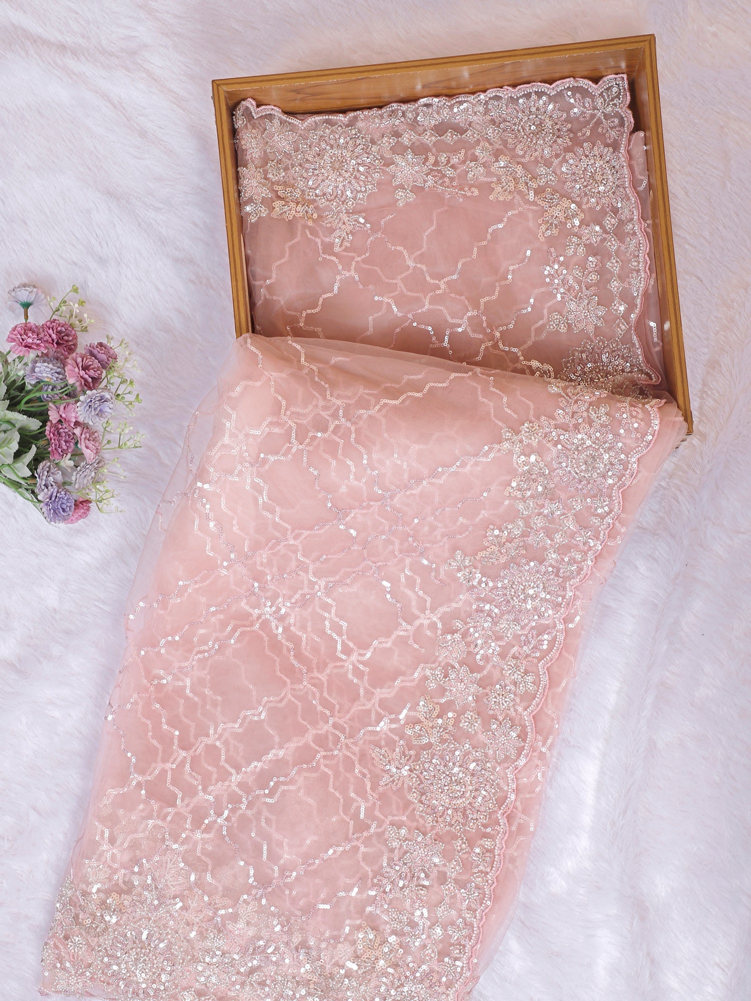 Onion Pink Aura Net Saree With Luxe Moti–Sequence Detailing