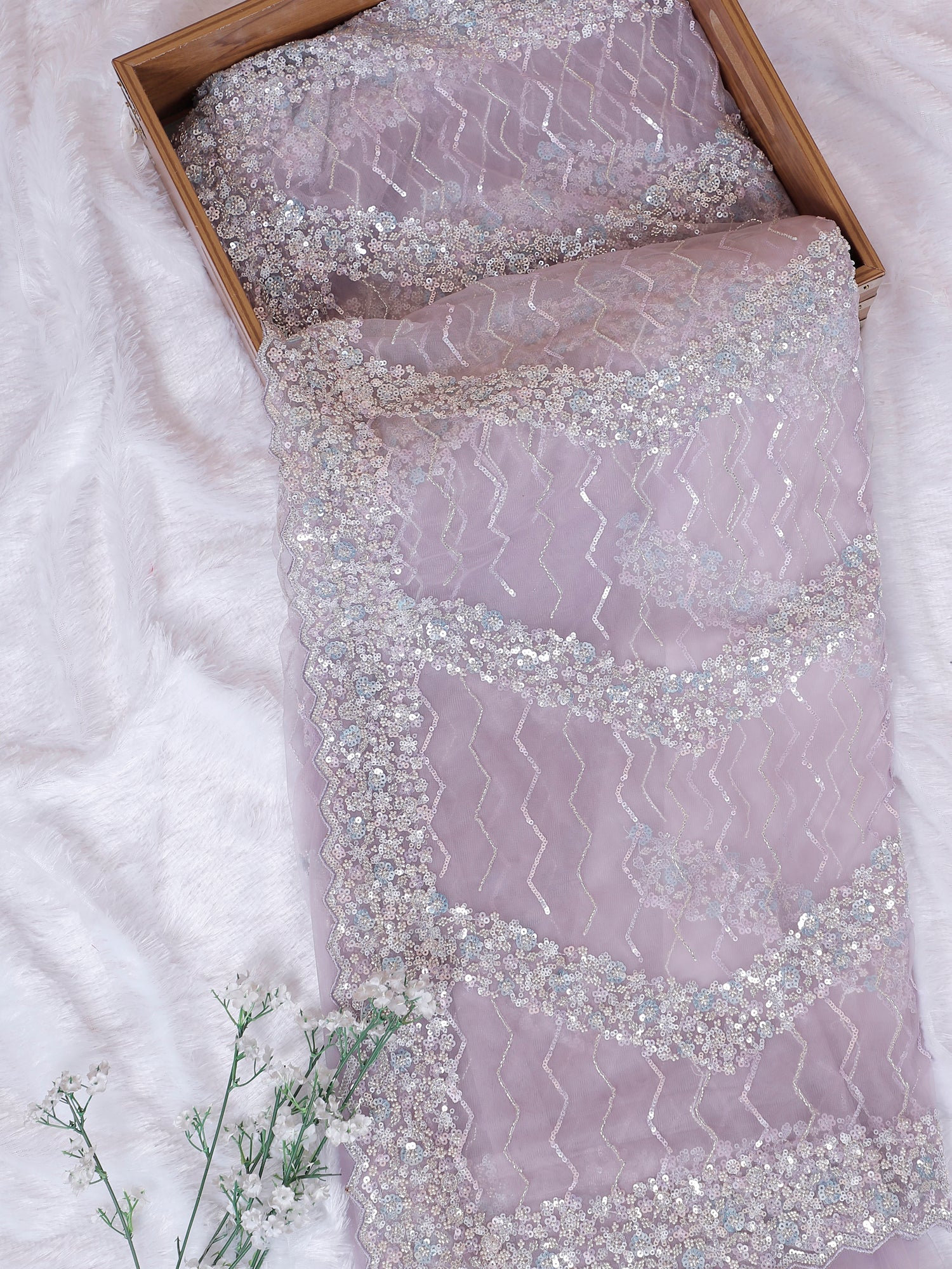 Lavender Petal Sparkle Net Saree With Exclusive Hand Embroidery