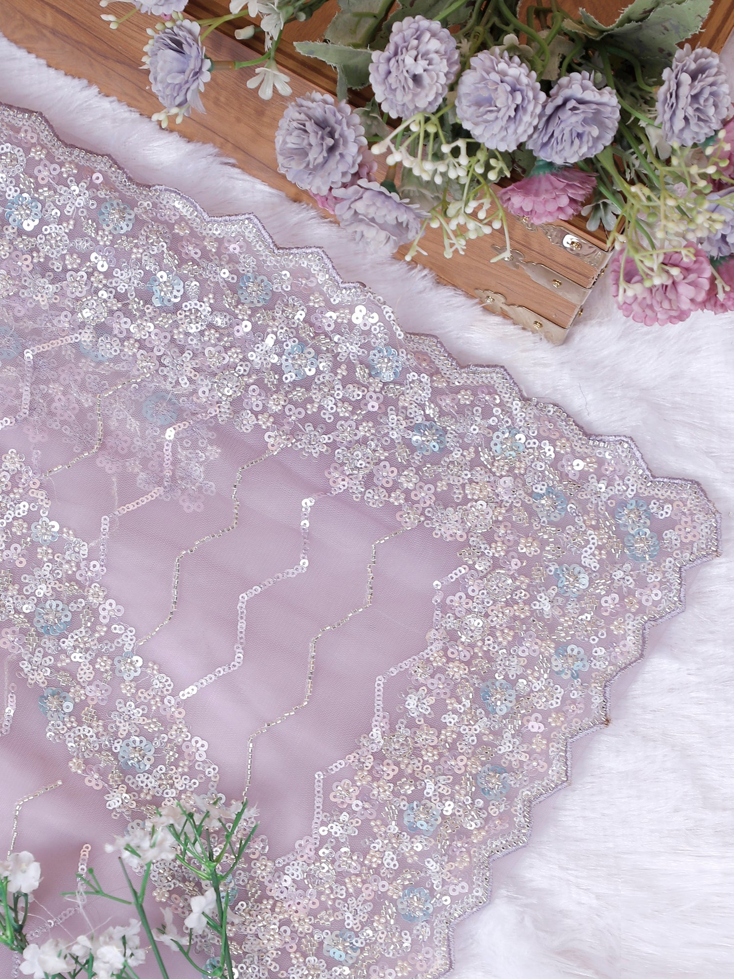 Lavender Petal Sparkle Net Saree With Exclusive Hand Embroidery