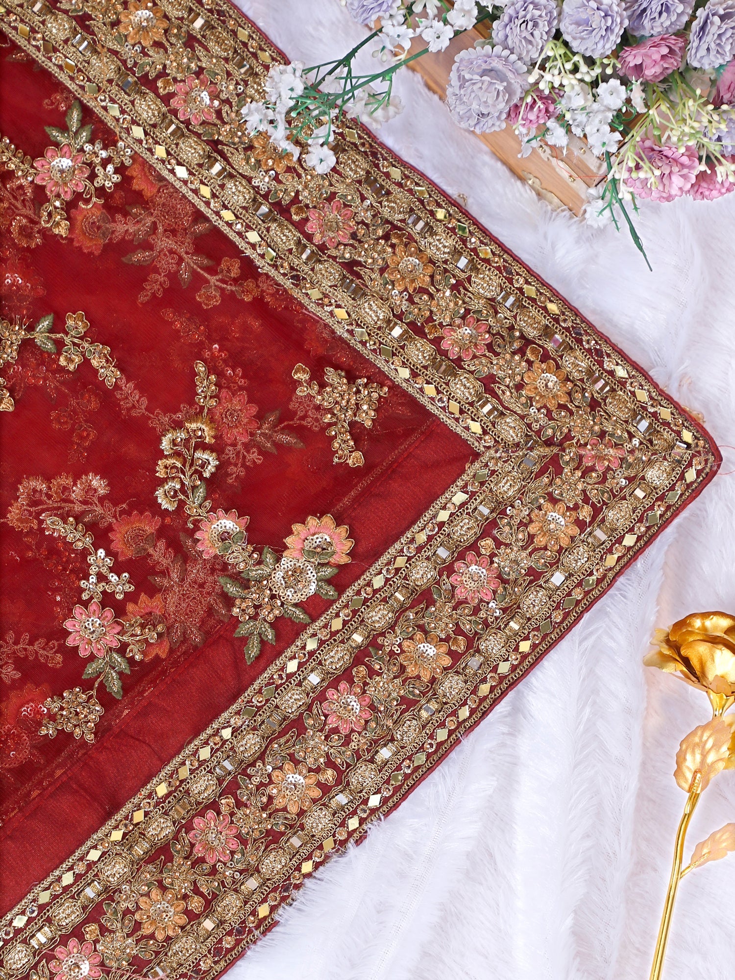 Light Maroon Diamond-Thread Net Saree With Luxe Sequence Work