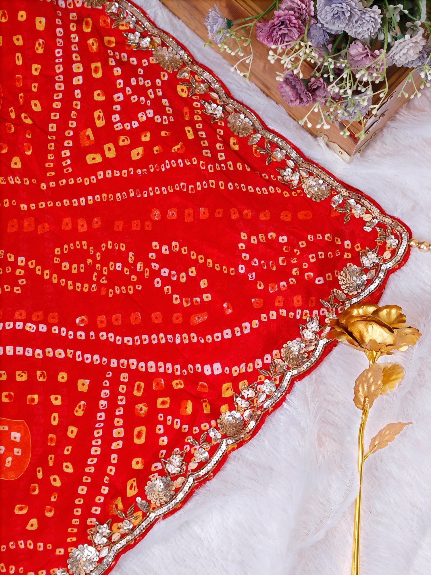 Red Chinon Silk Zardozi Sequence Handwork Saree