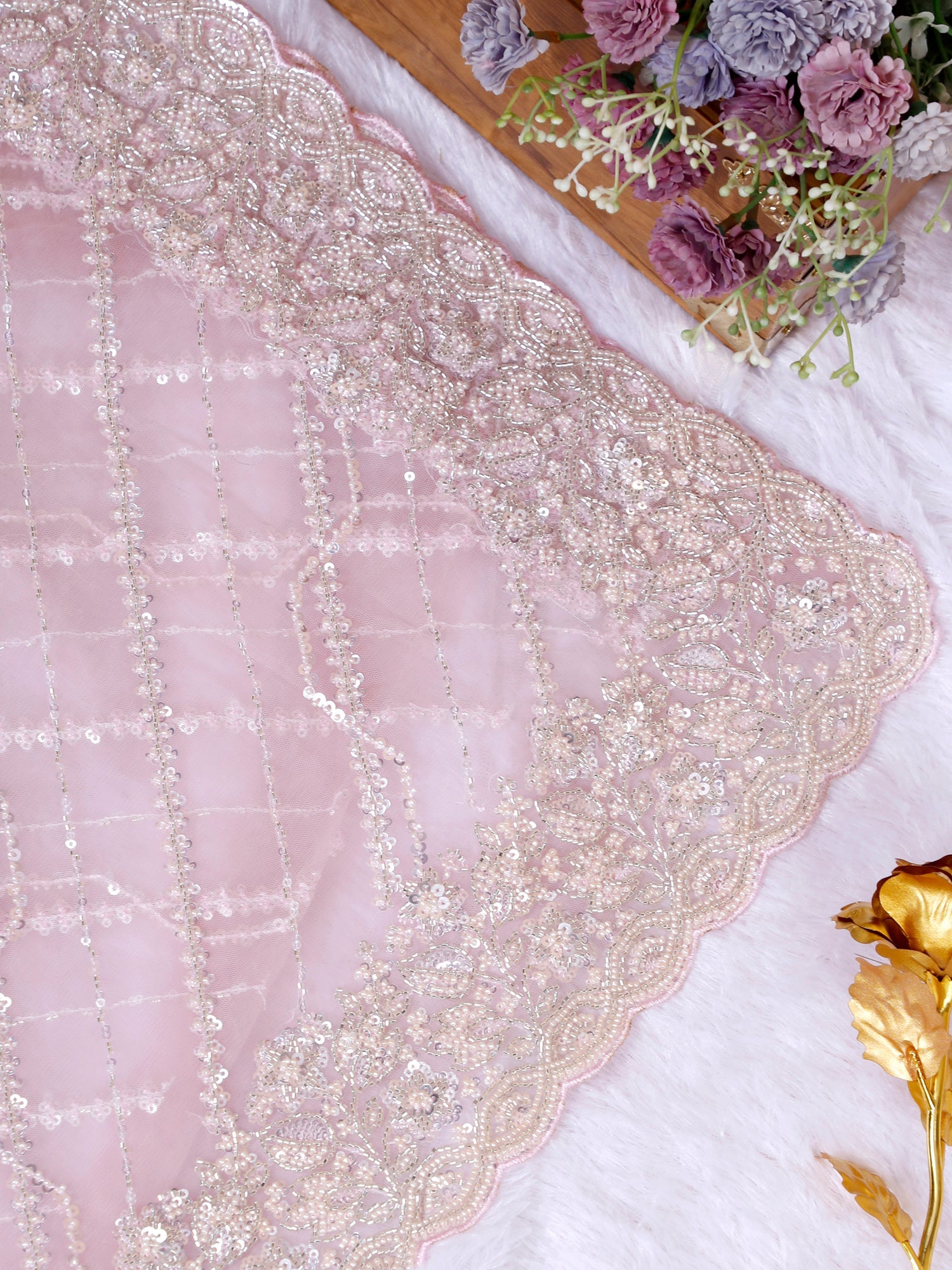 Light Pink Net Sequin Handwork Saree For Wedding &amp; Party Wear