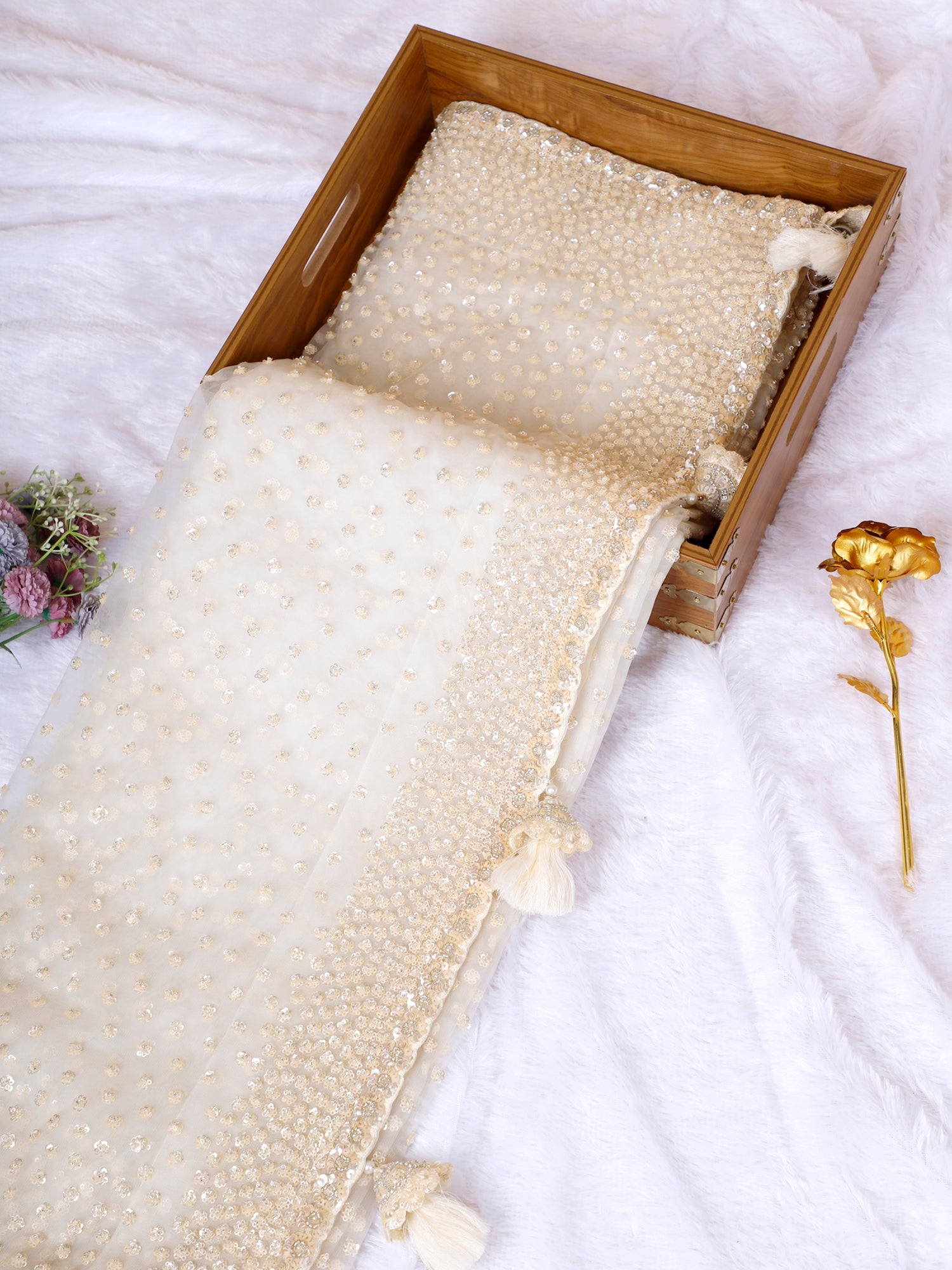 Butter Shade Net Saree With Handcrafted Sequence Work