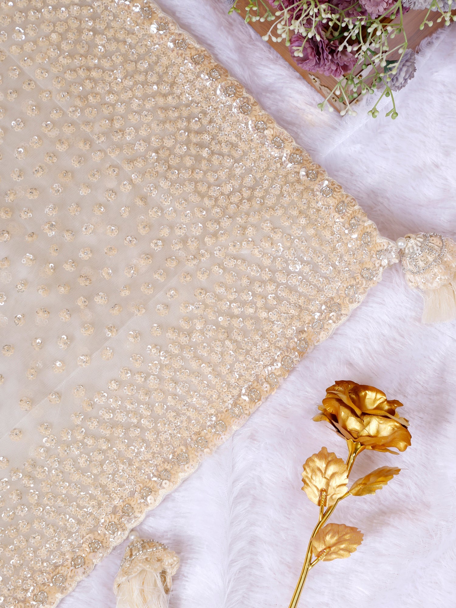 Butter Shade Net Saree With Handcrafted Sequence Work