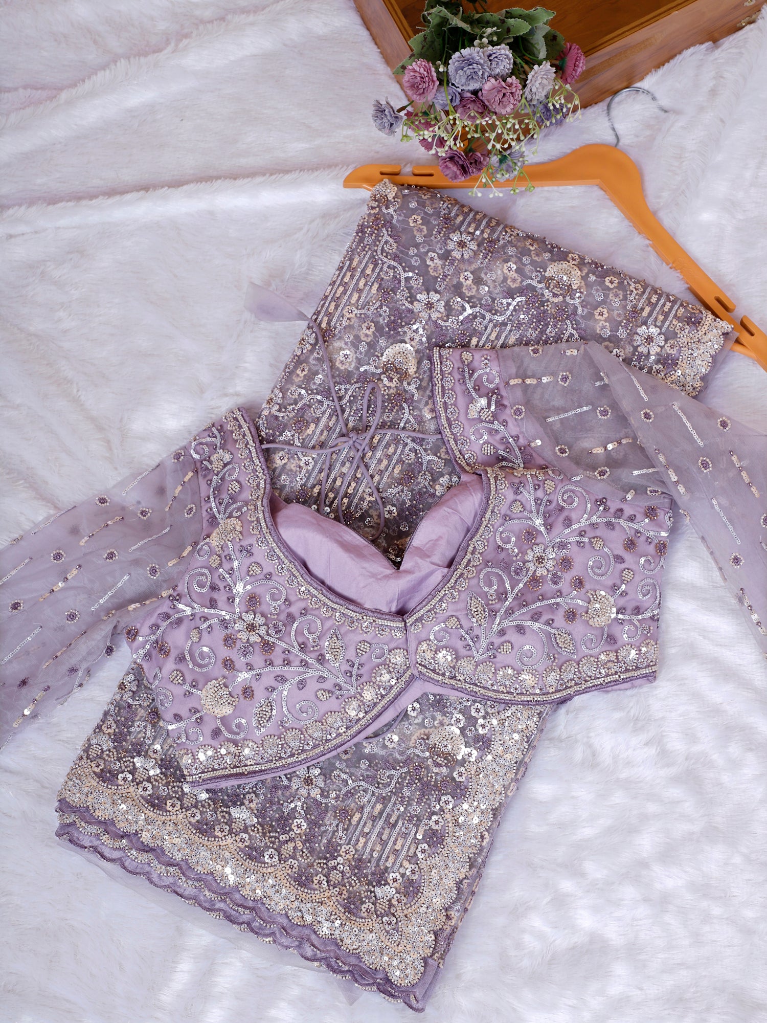 Esigner Lavender Net Sequin Moti Work Saree For Wedding