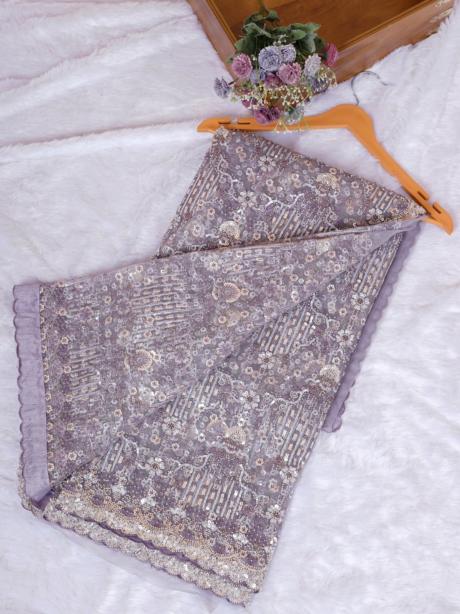 Esigner Lavender Net Sequin Moti Work Saree For Wedding