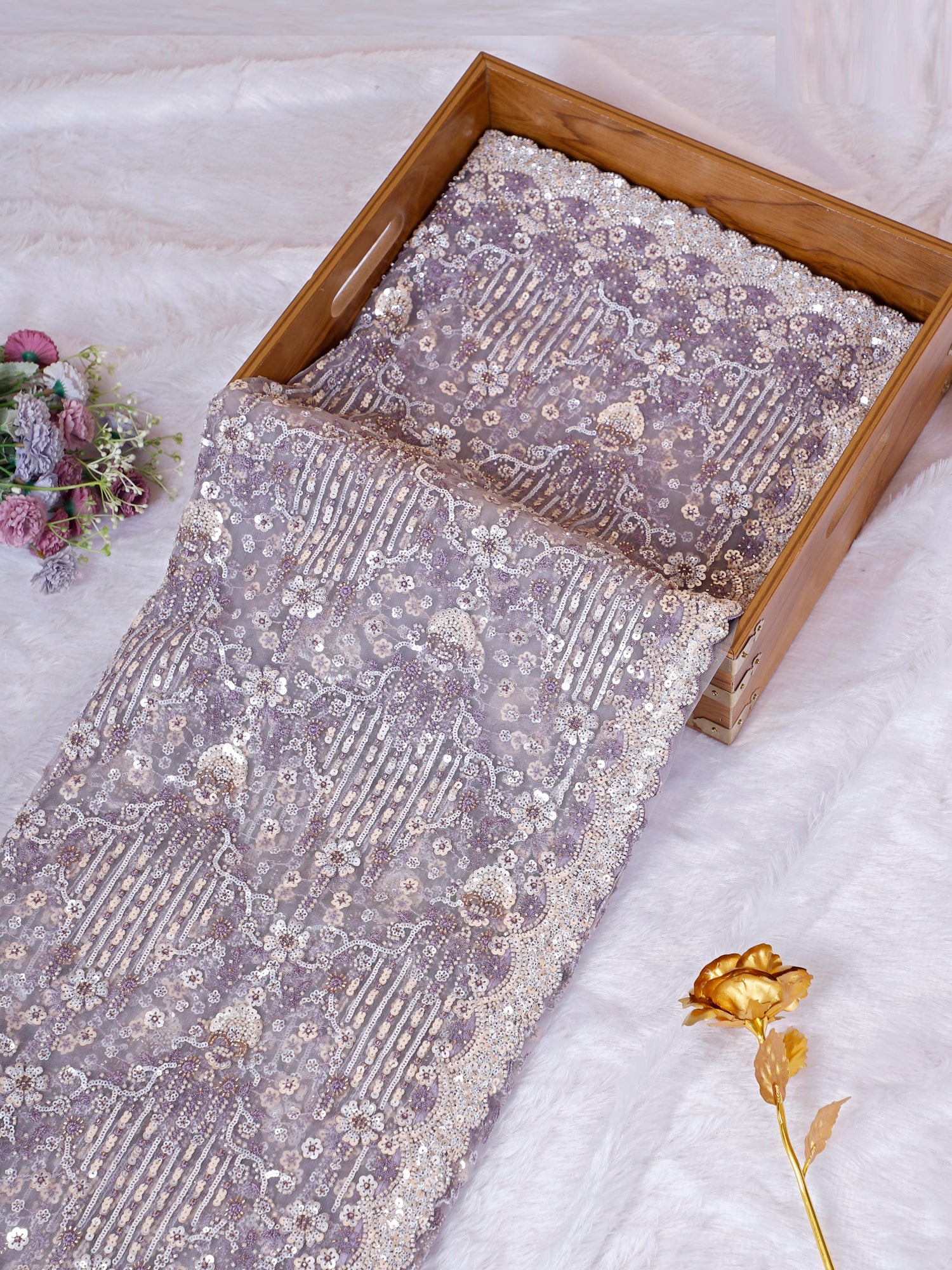 Esigner Lavender Net Sequin Moti Work Saree For Wedding