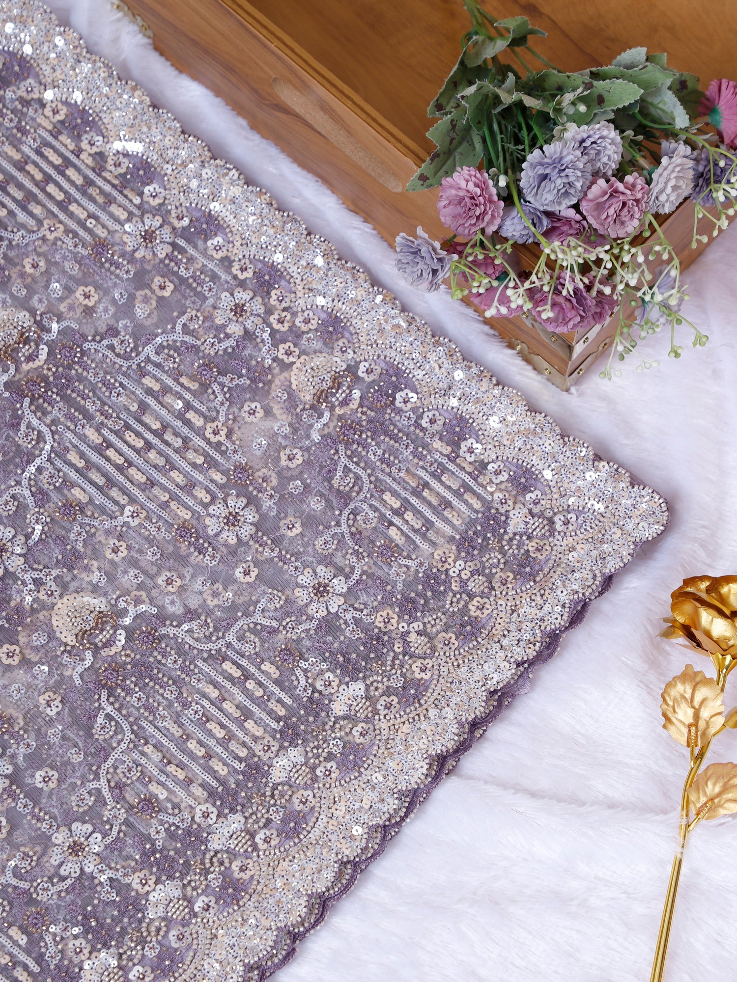 Esigner Lavender Net Sequin Moti Work Saree For Wedding