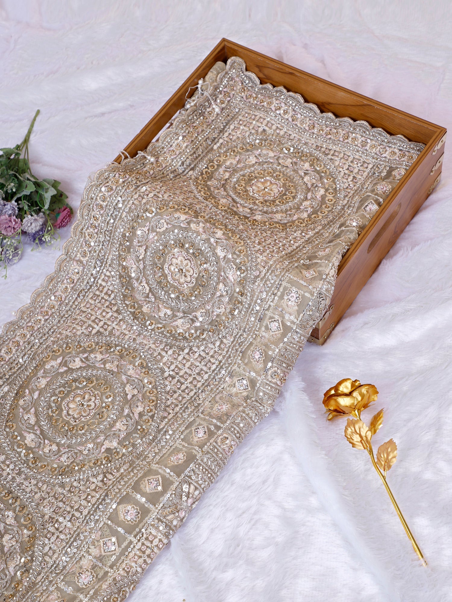Luxury Dark Beige Net Saree With Diamond Sequin Work