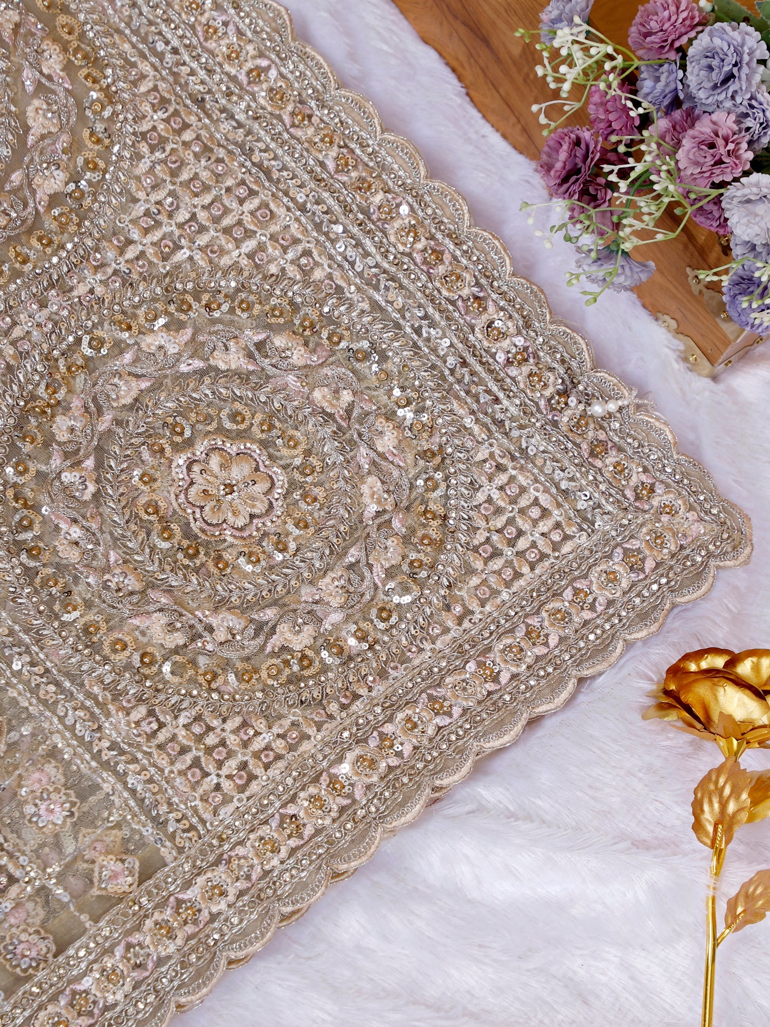 Luxury Dark Beige Net Saree With Diamond Sequin Work