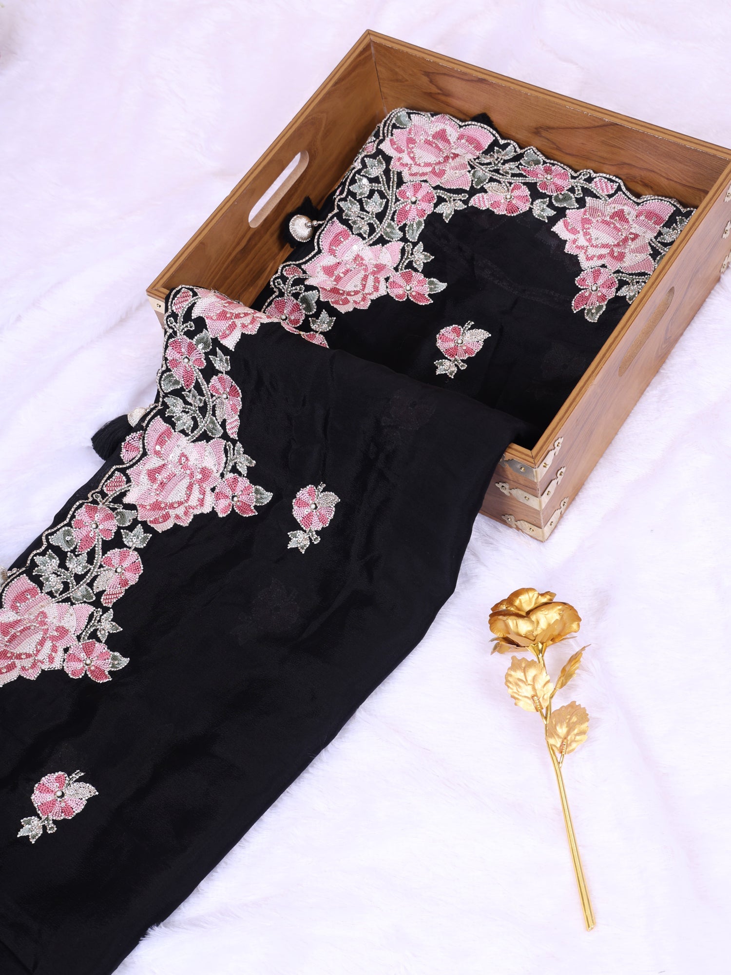 Black-Pink Royal Sparkle Chinon Saree