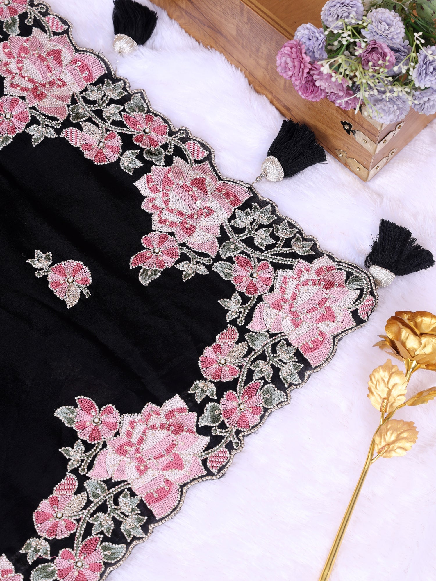 Black-Pink Royal Sparkle Chinon Saree