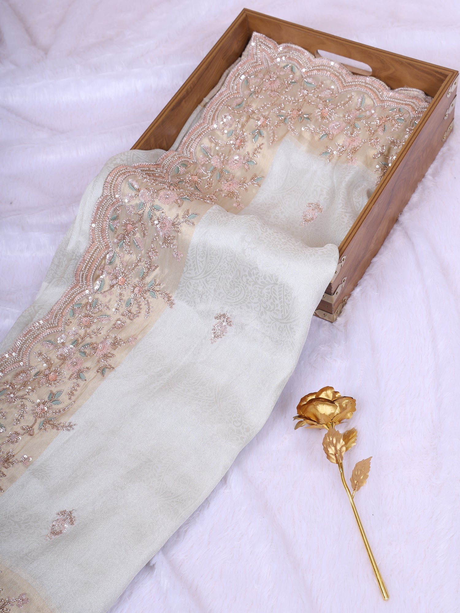 Dark Beige Opal Glow Shimmer Silk Handwork Saree