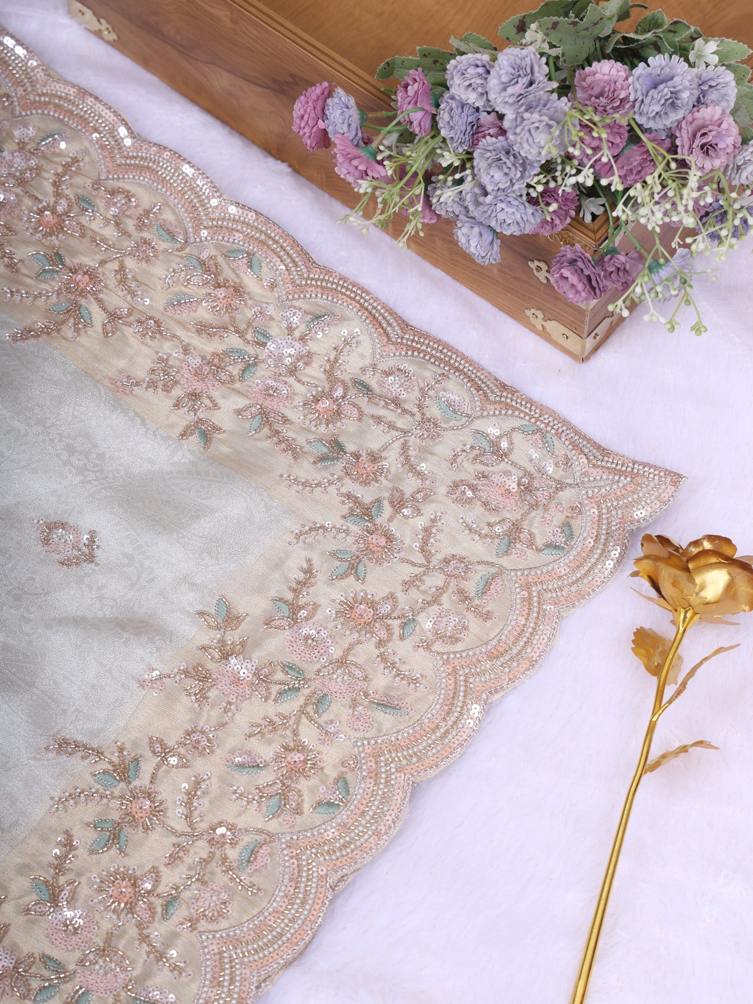 Dark Beige Opal Glow Shimmer Silk Handwork Saree