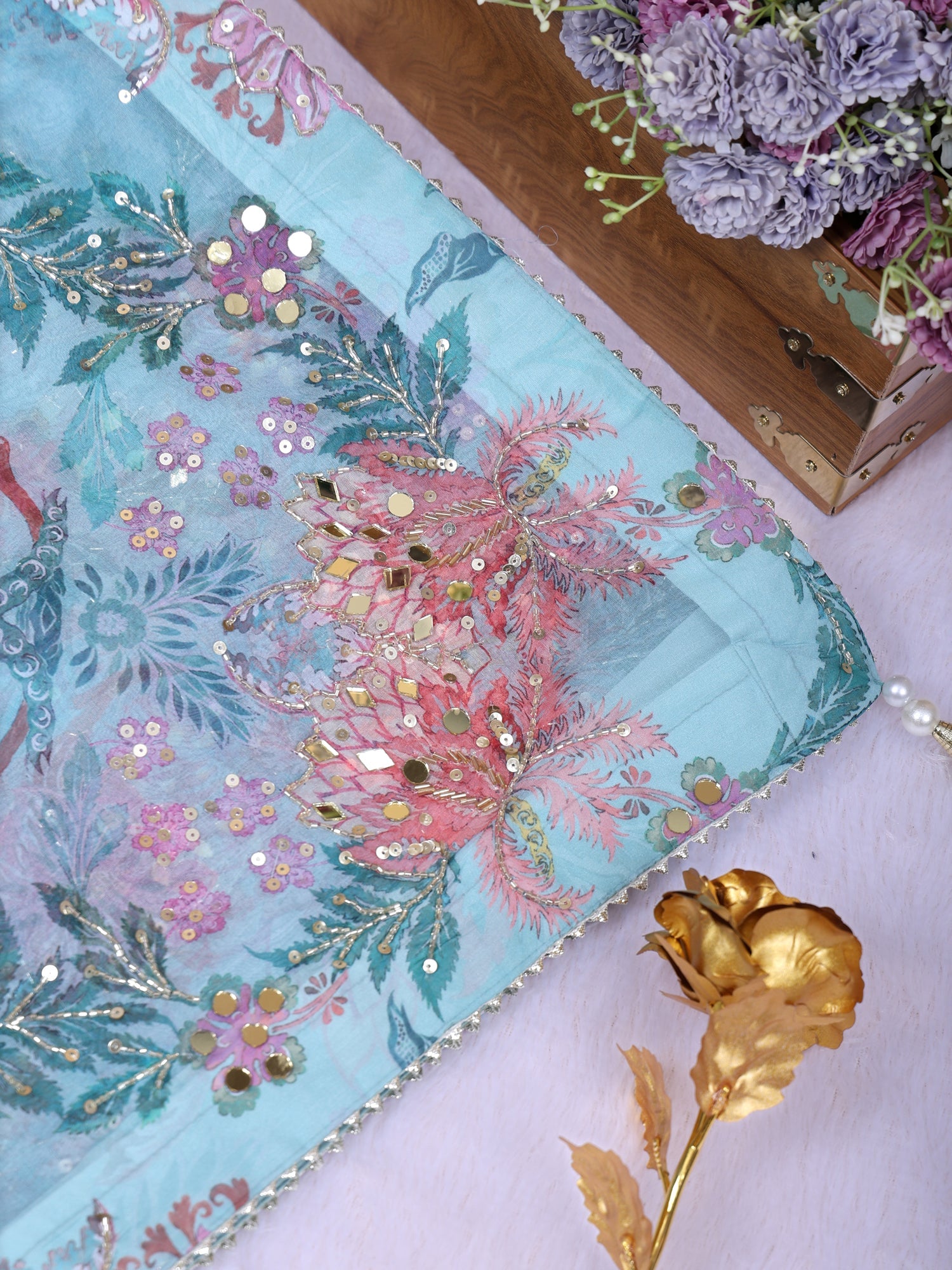 Sky Blue Celestial Mirror &amp; Sequence Work Tissue Saree