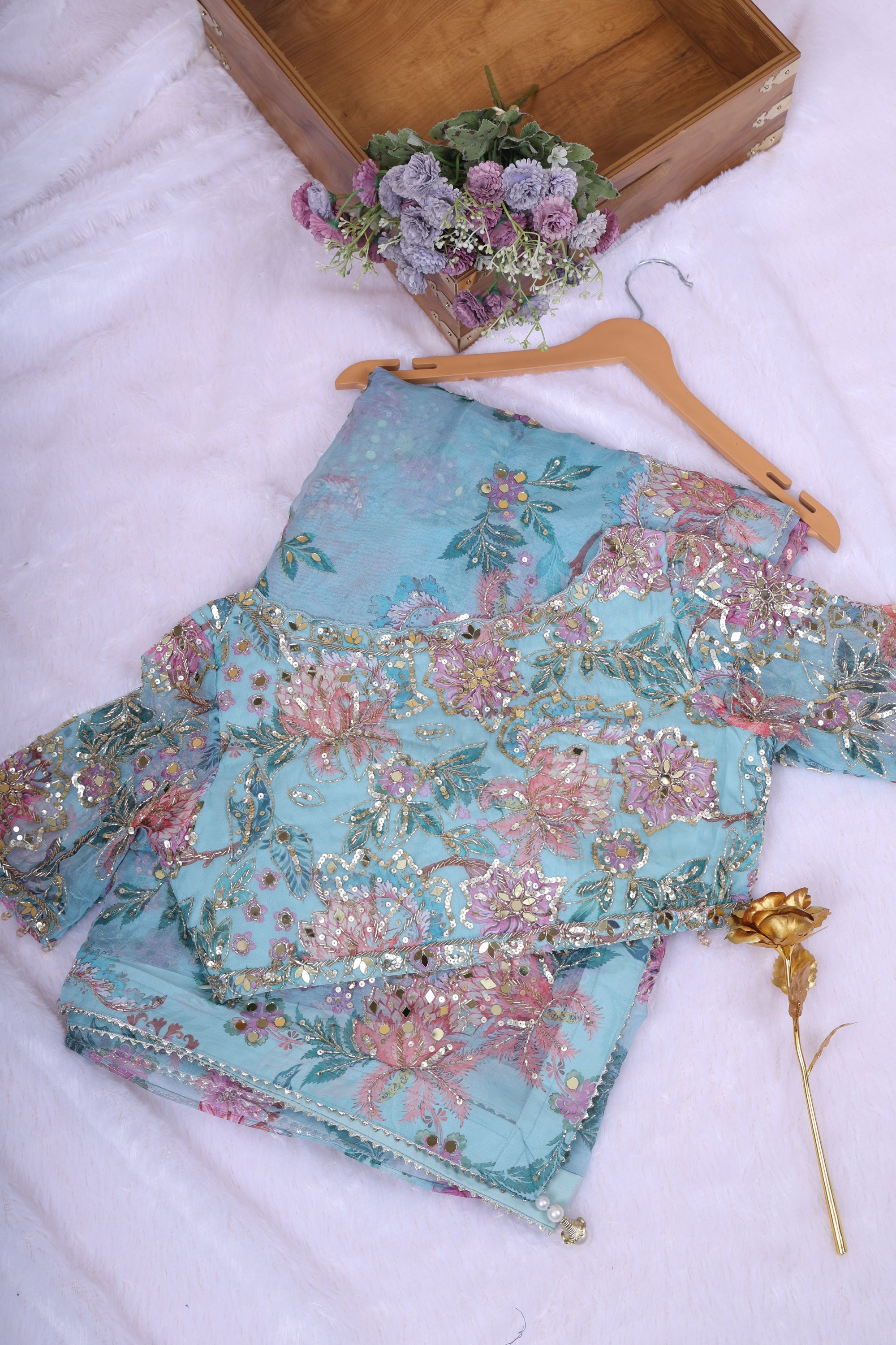 Sky Blue Celestial Mirror &amp; Sequence Work Tissue Saree